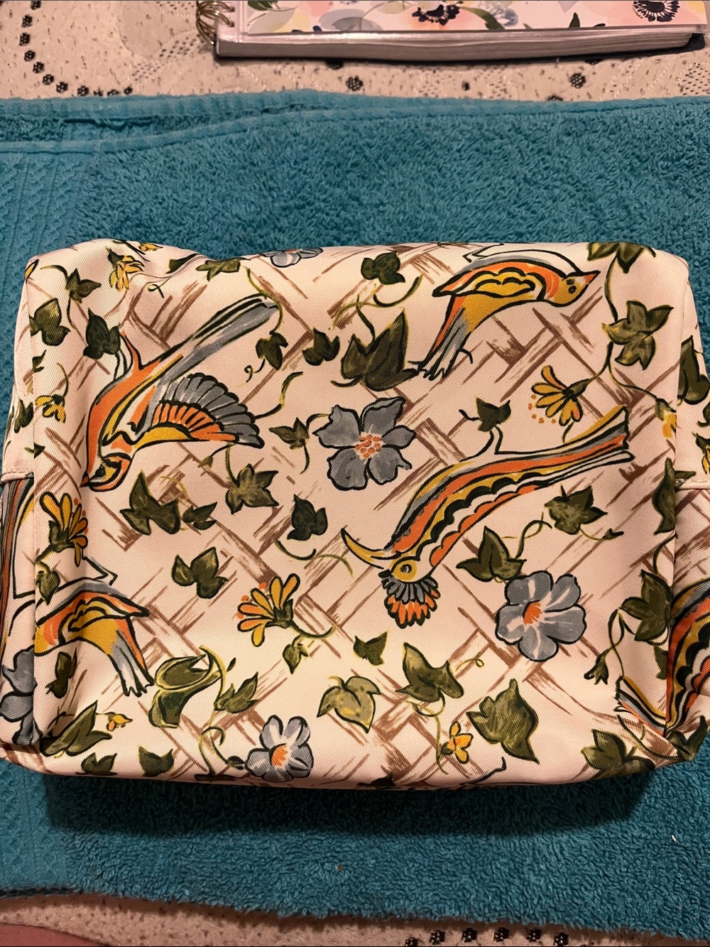Tory Burch Cream Floral & Bird Print Cosmetic Pouch with Yellow Logo - Picture 2 of 3